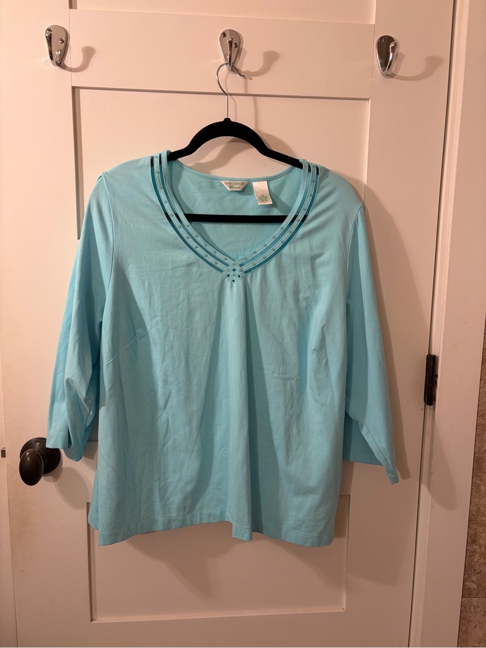 Laura Ashley Light Aqua Embellished V-Neck Long Sleeve Tee